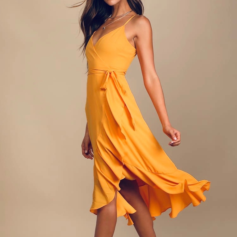 NWOT Lulus Manhattan Moment Bright Orange Ruffled Midi Wrap Dress